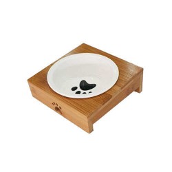 Ahşap Sehpalı Tekli Seramik Kedi Köpek Mama Ve Su Kabı
