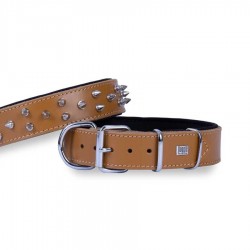 Doggie Çift Kat Gerçek Deriden El Yapımı Çivili Köpek Boyun Tasması Camel