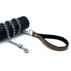 Doggie Konforlu Gerçek Deriden El Yapımı Zincirli Köpek Gezdirme Kayışı Camel