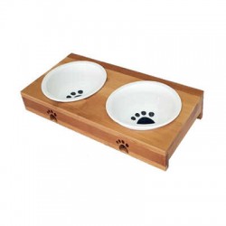 Eurogold Ahşap Sehpalı İkili Seramik Mama Kabı