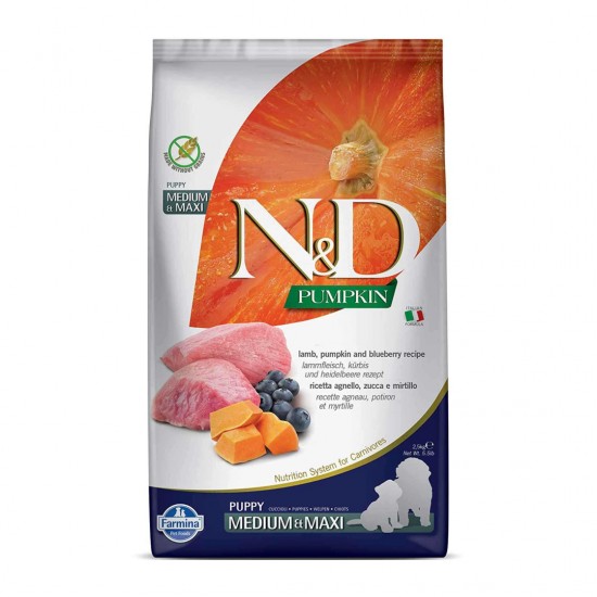 ND Pumpkin Tahılsız Kuzu Etli Balkabağı ve Yaban Mersinli Orta ve Büyük Irk Yavru Köpek Maması 2,5kg ND Pumpkin Tahılsız Kuzu Etli Balkabağı ve Yaban Mersinli Orta ve Büyük Irk Yavru Köpek Maması 2,5kg