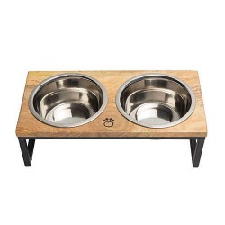 Zampa Kedi Köpek Ahşap Kaplı İkili Mama ve Su Kabı